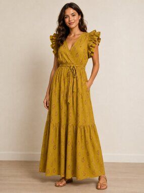 A Loves A Yellow Floral Metallic Stripe Ruffle Sleeve Belted Maxi Dress XL